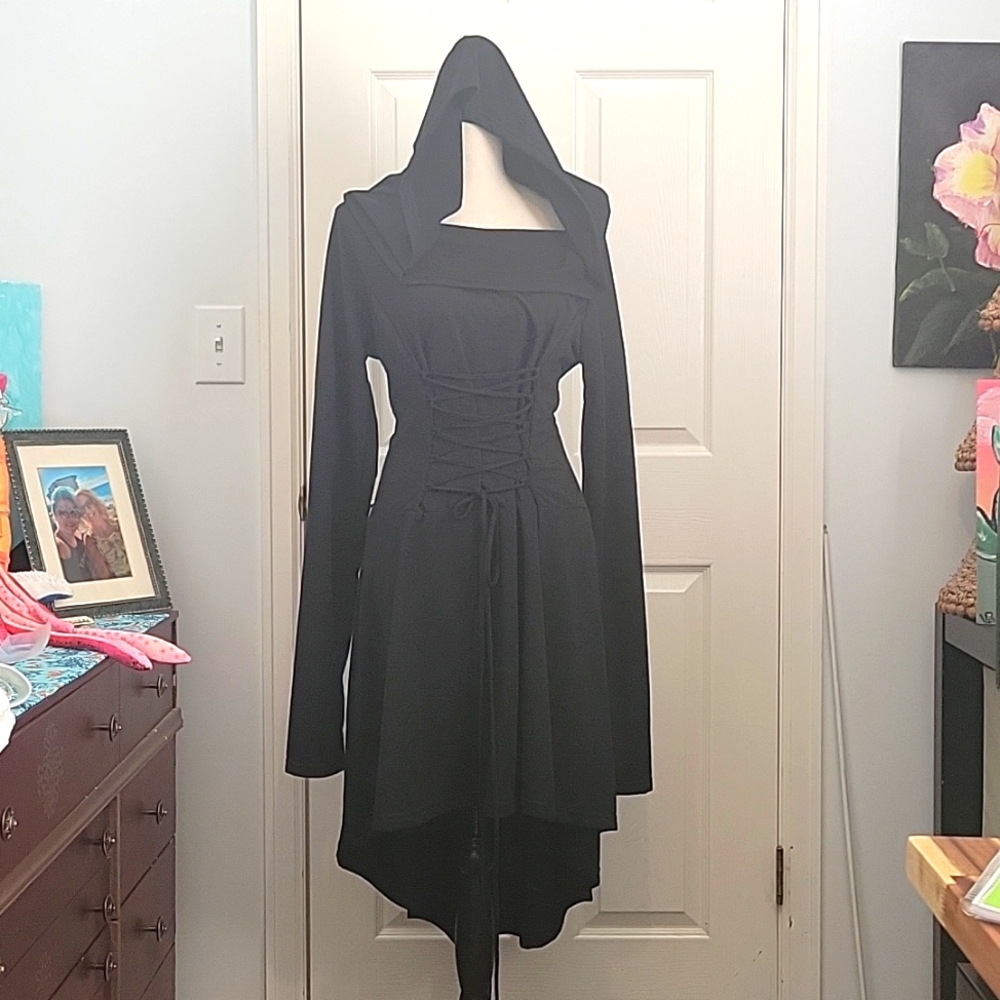 Black Corset Dress with hood. Hi-Low style.